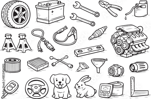 Automotive Tools And Car Parts Line Art Set.eps