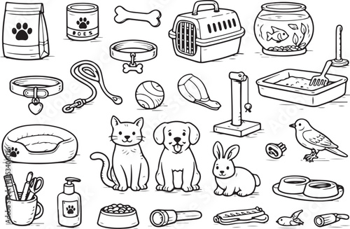 Pet Care Essentials And Accessories Line Art Set.eps