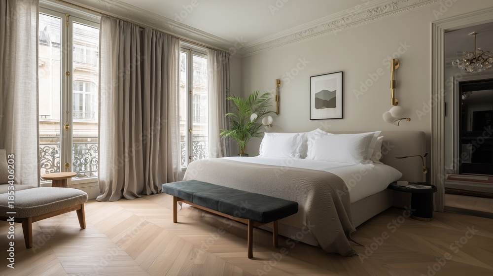 Fototapeta premium Modern bedroom with large windows and natural light in a city