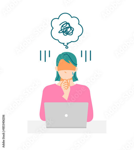 一般の若い女性がノートパソコンを前にして悩んでいるイラスト。吹き出し付き。フラットデザイン。