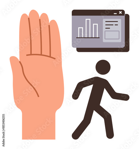 Raised hand, running figure, and analytics dashboard highlight regulation, movement tracking, and data analysis. Ideal for management, control, fitness, analytics progress productivity simple flat