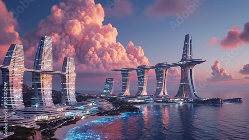 Futuristic coastal city with modern architecture beneath a sunset sky. Water reflects the vibrant colors