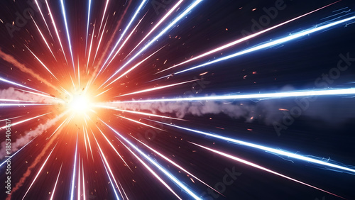 Powerful energy blast emanating bright light rays and dynamic speed streaks in space creating an intense collision