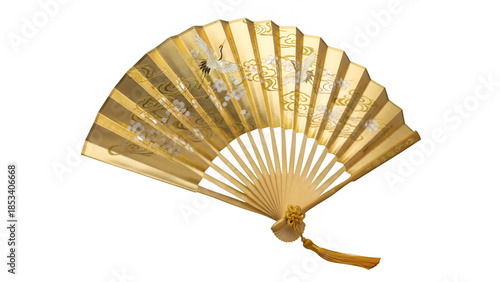 gold folding fan for celebrations, isolated on white or transparent background. PNG