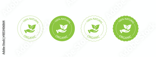 Set of 100% natural organic product labels featuring a hand holding green leaves in circle and badge designs for healthy branding