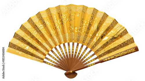 gold folding fan for celebrations, isolated on white or transparent background. PNG