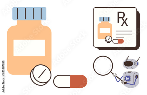 Medicine bottle, pills, magnifier, robots analyzing prescription. Ideal for healthcare, pharmacy, AI in medicine, drug research, prescription accuracy health innovation simple flat metaphor