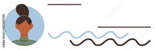 Female portrait with a top bun hairstyle in a circle frame next to abstract lines. Ideal for personalization, communication, profile design, blogs, creative representation, minimalism, simple flat