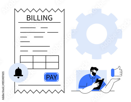 Online payments, financial transactions, business tools, invoicing, billing systems, customer service. A billing receipt with a pay button and man using a tablet. Online payments and financial