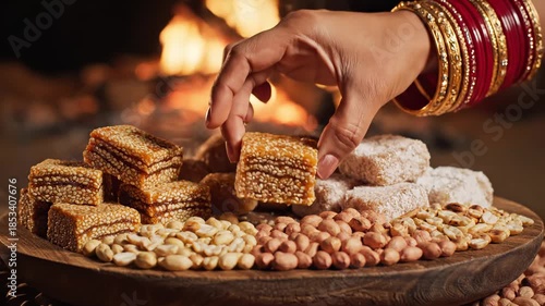 Woman's hand picking Indian sesame gajak from a rustic platter with peanuts by a warm fireplace for festive food concept and winter celebration