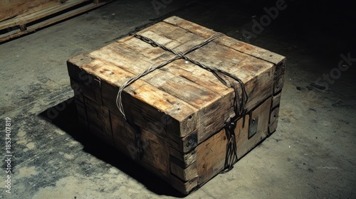 An intricately carved puzzle box of unknown wood, sealed with wires and a cryptic lead tag, hinting at illicit contents, on a gritty warehouse floor