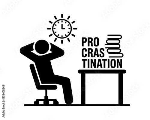 Person relaxing at desk with clock and books, symbolizing procrastination and delay