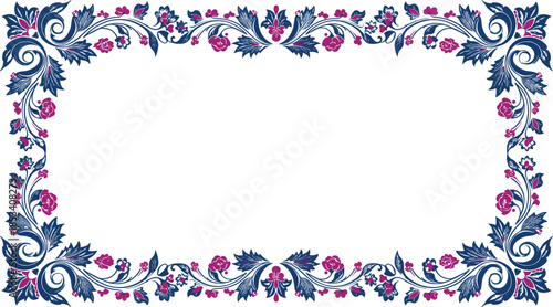 Ornate floral decorative frame with navy blue and magenta flowers, vintage botanical border illustration, elegant ornamental design isolated on white background