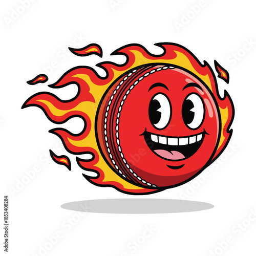 Happy red cricket ball character on fire with flames and smile face vector illustration.