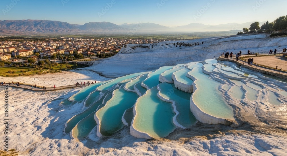 Fototapeta premium Pamukkale's mesmerizing terraces reflecting a turquoise glow and the city skyline