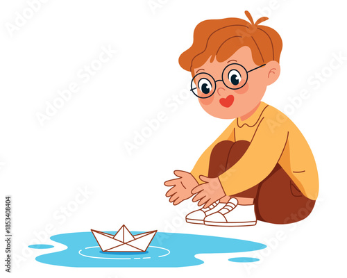 Curious boy with glasses launches a paper boat on a puddle, exploring imagination and childhood wonder.