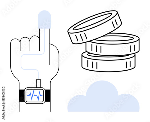 Healthcare technology, wearable devices, cloud data, financial concepts, digital monitoring, innovation. Graphic showing a hand with a wearable health tracker, cloud and coins. Healthcare technology