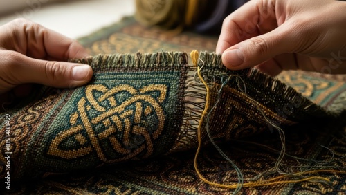 Close-up of hands repairing a Celtic patterned rug with yellow thread