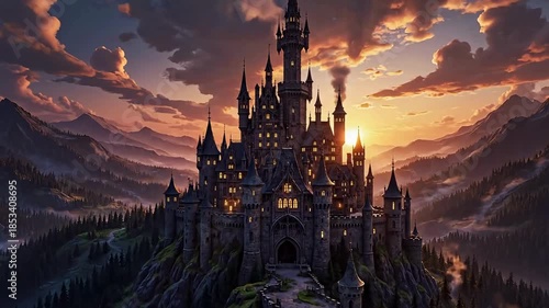 Majestic fantasy castle perched dramatically on a misty mountain peak against a vibrant sunset