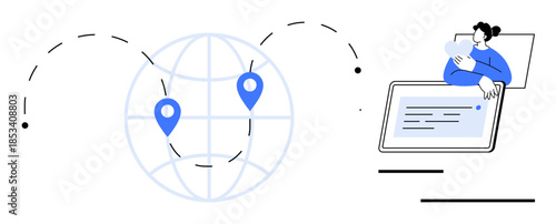 Global connectivity concept. Global map with pin locations highlighting networking and mobility. Global connectivity enabling communication, mapping, navigation. For tech, education, logistics