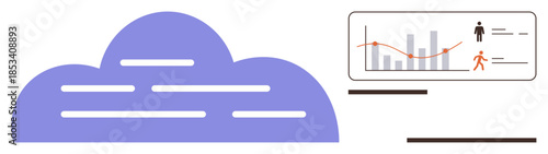 Cloud with horizontal lines alongside a chart combining bar, line, and human figures, representing data visualization, cloud computing, technology, analytics, innovation, connectivity and growth in