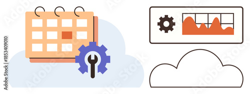 Calendar with a gear, analytics chart, and cloud symbolize task planning, data analysis, and cloud computing. Ideal for scheduling, automation, analytics, workflow productivity data handling