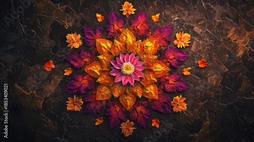 Indian Rangoli pattern, made from vibrant powdered colors and flower petals, forming a complex fractal, top-down view, festive lighting