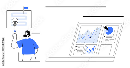 Business analysis, data visualization, strategic decisions, goal planning, productivity tools, and finance tracking. Man pointing at a goal chart and a laptop displaying analytics. Business analysis