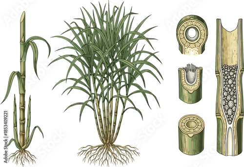 Bamboo plant anatomy illustration, botanical structure diagram, stem cross section details, plant growth stages, scientific botany education artwork