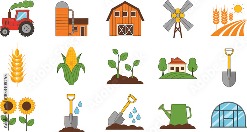 Agriculture farming icons set, tractor barn crops tools irrigation plants, rural countryside farming concept illustration isolated on white