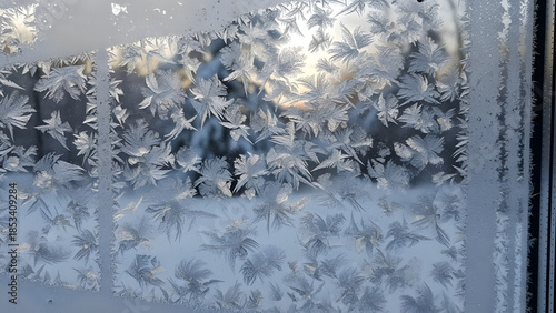 Frost patterns on a windowpane with sunlight shining through the ice crystals