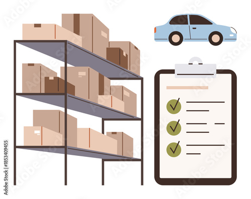 Organized shelves with packed boxes, detailed checklist with marked tasks, and a car symbolizing delivery. Ideal for logistics, shipping, inventory management, e-commerce, order tracking, supply