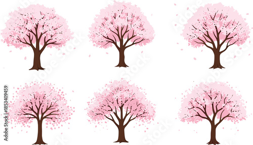 Cherry blossom tree illustration set, sakura spring trees collection, pink flowering tree elements, nature floral design