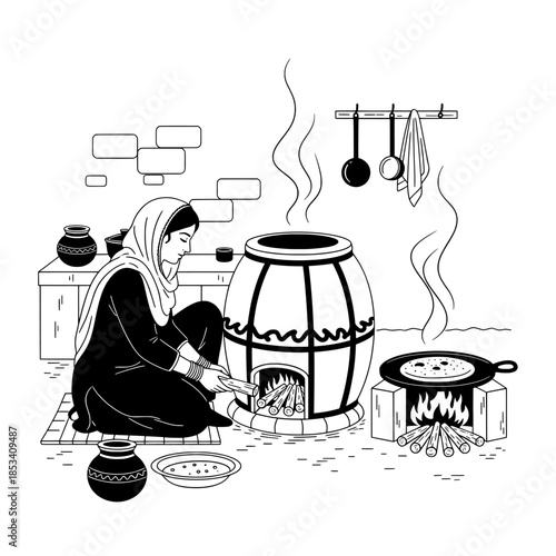 woman cooking food on wood fire