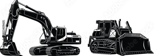 Construction heavy machinery silhouette illustration, excavator bulldozer equipment, industrial earthmoving vehicles, engineering worksite graphic design