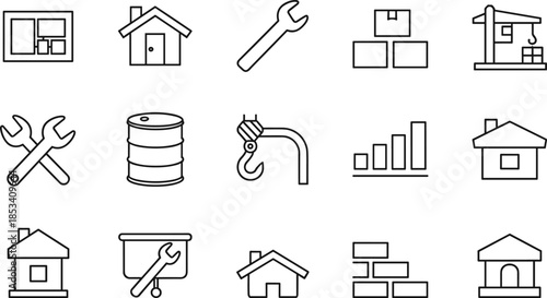 Construction icon set, housing tools, black line vector, blueprint, crane, wrench, infrastructure symbols, home design, architecture graphics