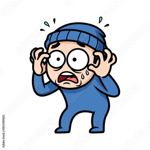 Cartoon blue character in beanie hat panicking with wide eyes and sweat drops.