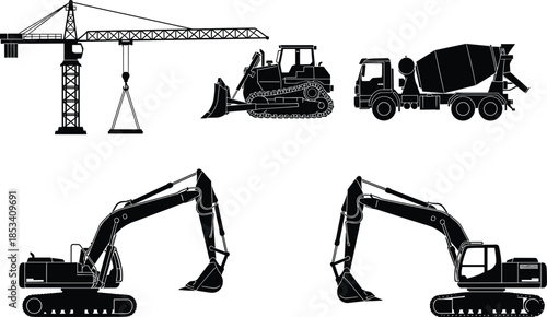 Construction machinery silhouette set, excavator bulldozer crane concrete mixer truck, heavy equipment illustration isolated on white background