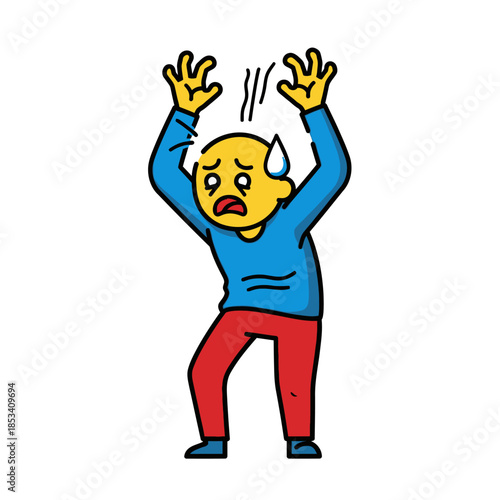 Cartoon yellow character showing stress and panic with raised arms and sweat drops.