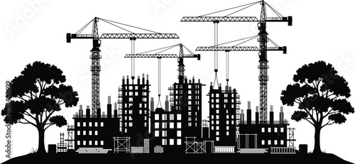 Construction site silhouette with cranes and buildings, urban development skyline, industrial architecture, city growth illustration