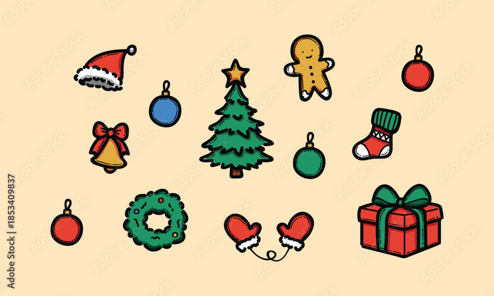 Fototapeta premium Bright Christmas Elements Set With Tree, Ornaments, Santa Hat, Bells, Wreath, Gifts, Stocking