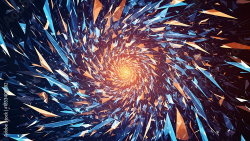 Dynamic Swirling Vortex of Abstract Geometric Fragments, Creating an Energetic and Modern Digital Background