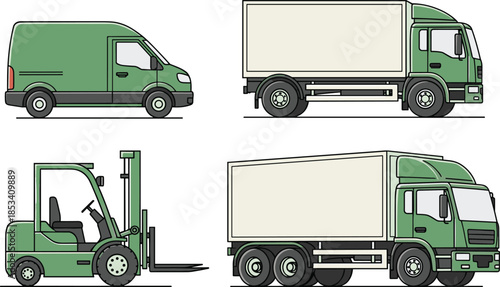 Delivery vehicles illustration set, cargo van truck forklift collection, logistics transportation concept, freight shipping equipment graphic