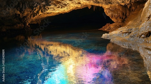The shimmering, oil-slick iridescence of bacteria on the surface of a still cave pool, reflecting subtle light