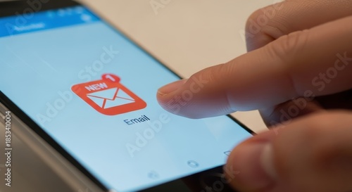 Close-up of a finger interacting with an email notification icon on a smartphone screen, conveying the anticipation and allure of digital communication. 
