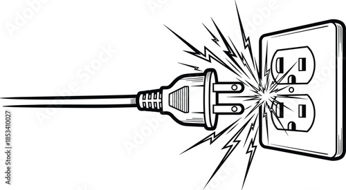 Electric plug sparking into wall outlet, electrical danger concept, power connection failure, shock hazard illustration, energy accident warning graphic