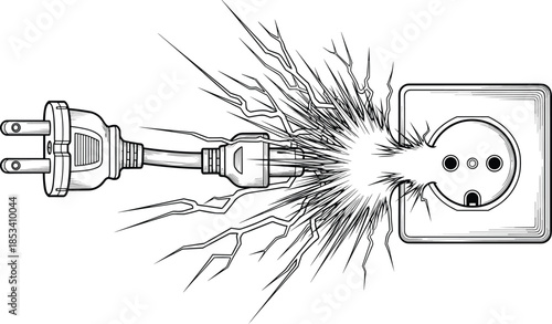 Electrical hazard illustration, plug explosion, socket short circuit, sparks, black and white, safety warning, malfunction, danger, energy burst,