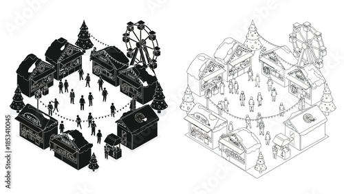 Isometric illustration of a bustling fairground with rides and festive buildings