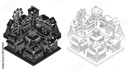 Intricate isometric illustrations of gothic and classical style buildings