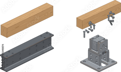 Exploded mechanical assembly, wood beam, metal bracket, construction hardware, structural components, DIY setup, engineering illustration, screw and washer detail